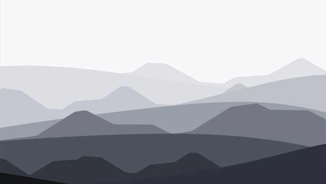 Minimalist mountain landscape layered hills flat design monochrome grayscale abstract geometric background illustration corporate presentation website banner header