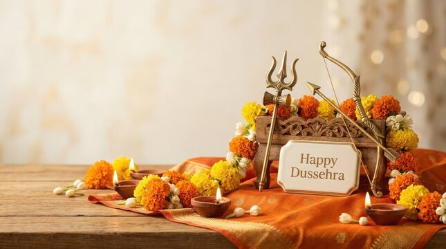 Dussehra festival arrangement featuring golden bow and arrow with marigold flowers and traditional lamps on rustic table.