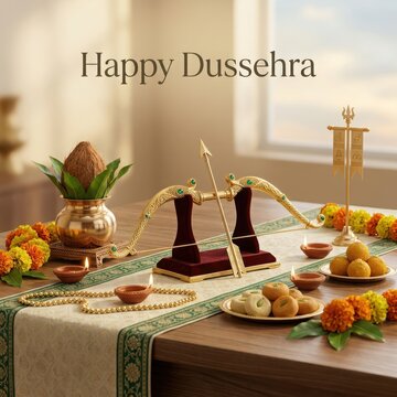 Elegant dussehra table setup showcasing ornate golden bow arrow and sweets with traditional lamp on rustic wooden board.