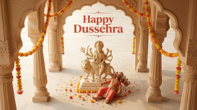 Traditional statue of goddess durga sitting on lion with demon king figure in temple interior for happy dussehra display.