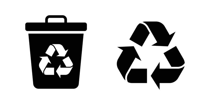 Recycle bin and recycling symbol icon set on transparent background, PNG. Suitable for eco-friendly packaging, waste sorting, sustainability, green living, and environmental protection.