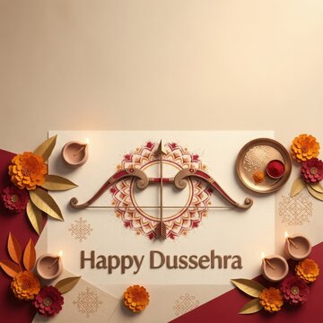 Happy dussehra festive card with traditional bow and arrow mandalas flowers diya lamps for hindu religious holiday design.
