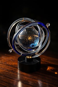 Futuristic glass armillary sphere model with glowing core planet on wooden table