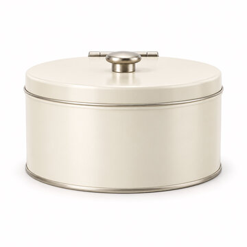 cream metal tin with round lid