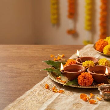 Brass plate with lit diya lamps and vibrant marigold flowers for dussehra festival table setting with wooden background.