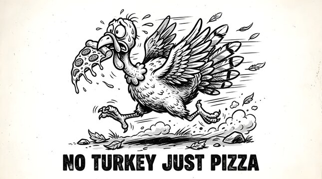 This whimsical cartoon depicts a turkey in a dynamic pose seemingly mid flight or in a playful pounce with a distinctive somewhat chaotic black and