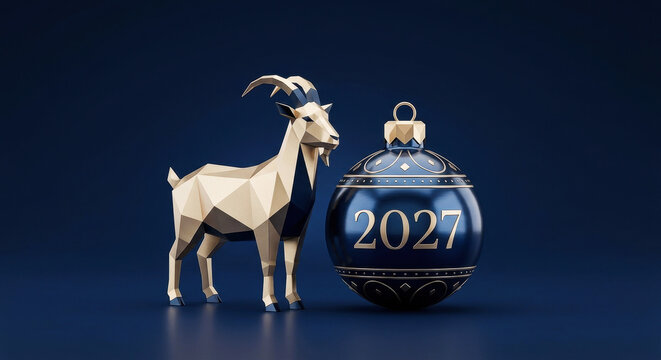 Golden geometric goat figurine standing next to blue 2027 New Year holiday ornament decoration