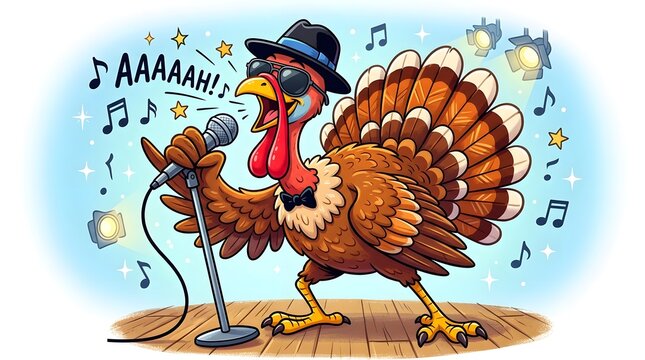 This vibrant cartoon depicts a jovial turkey enthusiastically singing into a microphone wearing a stylish hat and surrounded by musical notes creating a festive and