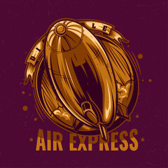 Vintage airship illustration with banner and decorative elements on a maroon background © Rubayet