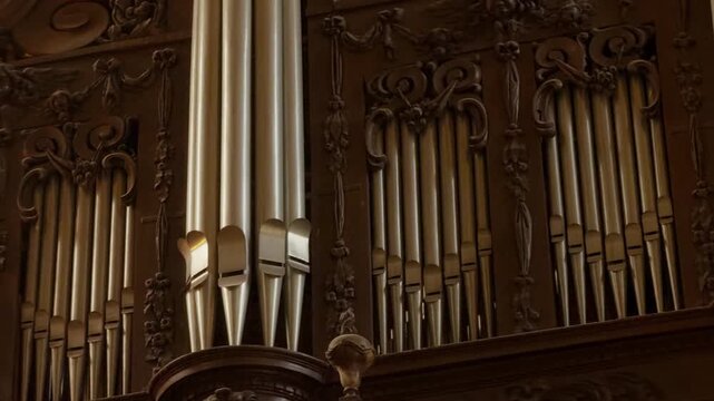 Details of the pipe organ inside Saint Pierre church in Saumur.