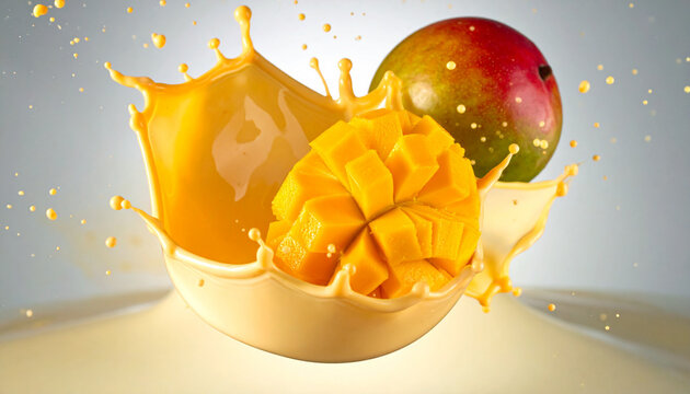 Mango yogurt splash arc with suspended droplets in macro closeup