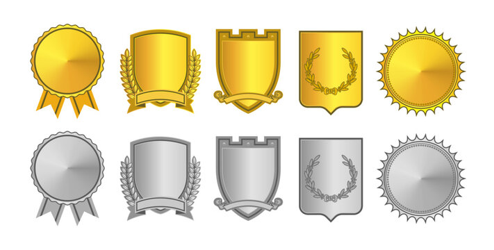 Vector set of premium gold and silver icons and decals. Collection of golden stickers. Seal, shield, ribbons and branches. Isolated background