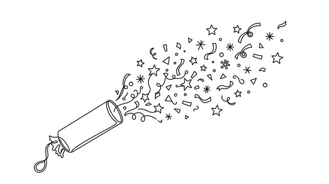A black and white line art illustration of a party popper exploding with stars and confetti, perfect for festive celebration design projects.