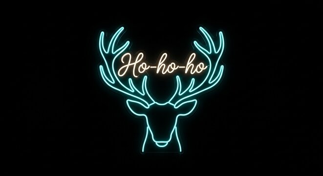Neon Christmas deer sign with Ho-ho-ho text on black background