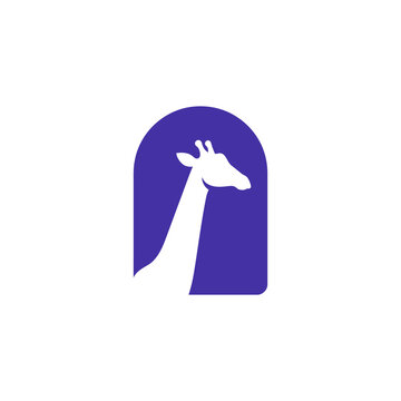 Minimalist giraffe silhouette logo design inside a rounded arch frame.