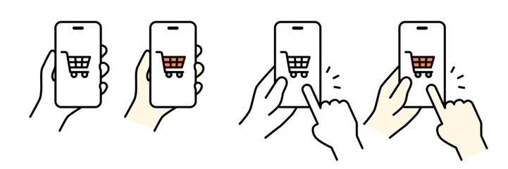 スマートフォンでネットショッピングをしているイラストのセット © pinoko