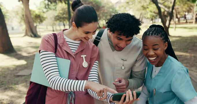 Laugh, university and nursing students with phone for videos, funny meme and social media. School, college and friends on cellphone for internet, humor and joke for bonding for medical education