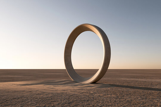 Minimalist Concrete Ring Structure Resting on Flat Sand at Sunset