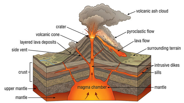 Detailed cross section diagram of an active volcano showing internal magma chamber and eruption process
