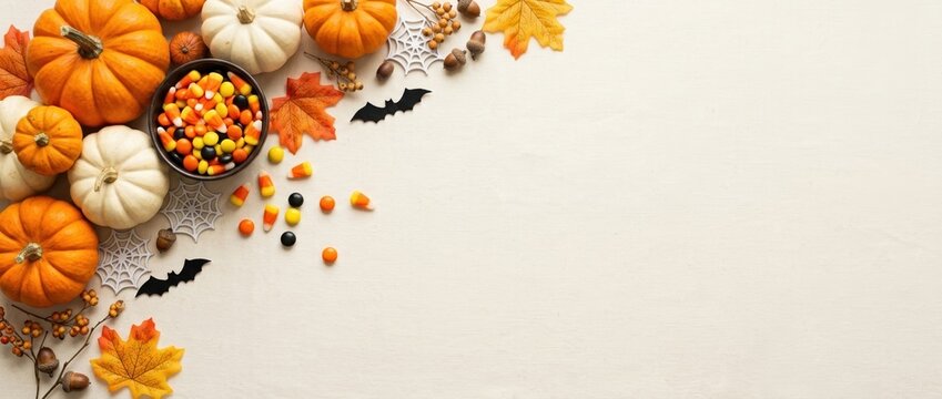horizontal composition  autumn and Halloween flat-lay with pumpkins, candy, and festive decorations on beige background. ample space for text or messaging