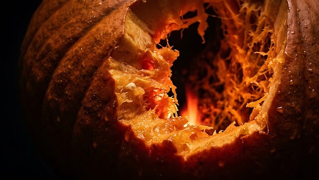 Close up view of a glowing carved jack o lantern pumpkin with bright fire burning inside in dark atmosphere during a traditional autumn holiday
