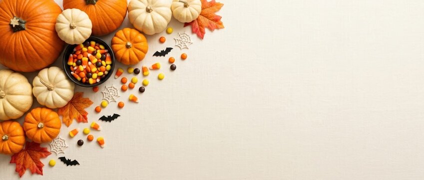 horizontal autumn and Halloween flat-lay with pumpkins, candy, and festive decorations on beige background. ample space for text or messaging