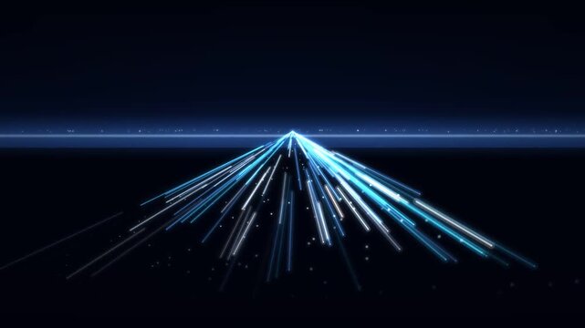 Abstract blue and white light streaks converging on a dark background