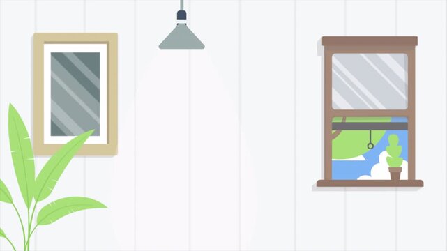 Bright white room loop background with window, banana plant, and wall lamp. Seamless looping home interior perfect for vlog backdrops, indoor plant videos, and cozy room scenes.