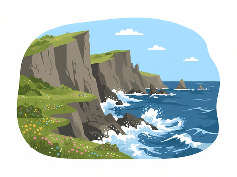 A scenic illustration of steep coastal cliffs overlooking the turbulent ocean waves.