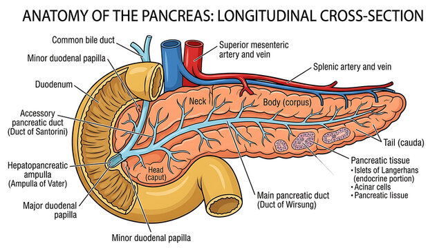 Detailed Anatomical Illustration of the Human Pancreas showing Longitudinal Cross-Section and Related Organs