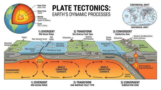 Detailed educational diagram illustrating the internal structure of earth and tectonic plate boundary movements including subduction and convection currents
