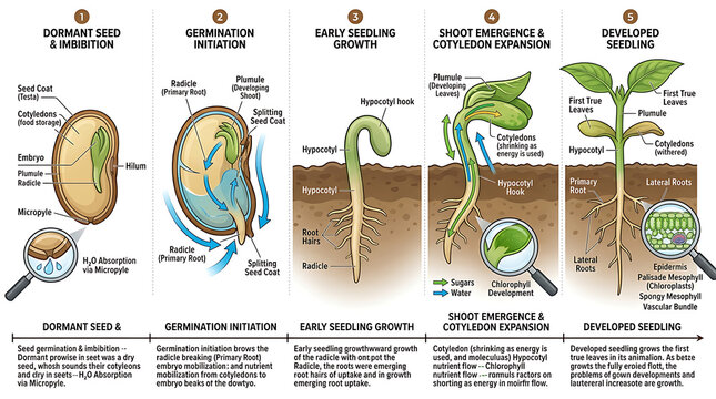 Detailed scientific illustration showing the biological process of plant seed germination and early seedling growth stages