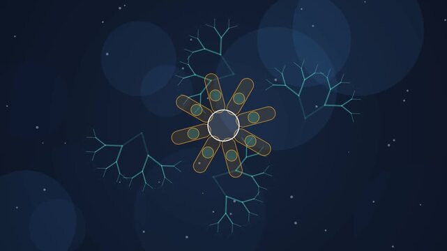 Abstract snowflakelike molecule with branching structures on dark background