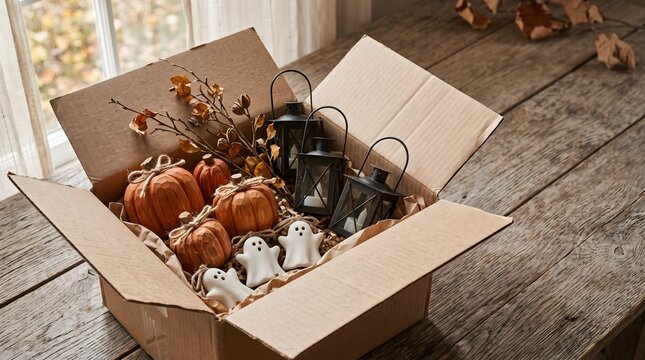 Autumn Halloween Decorations in a Cardboard Box on a Wooden Table