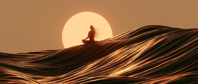 Meditating silhouette before a glowing sun above golden waves