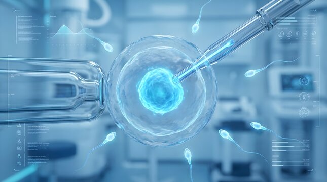 Microscopic view of ivf procedure showing sperm swimming toward blue human egg cell lab.