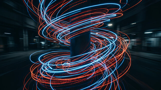 Dynamic light trails swirling in a futuristic urban environment at night capturing motion and energy