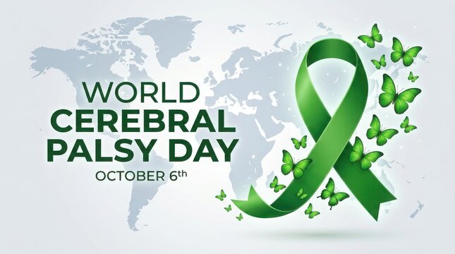 World cerebral palsy day awareness concept with green ribbon and butterflies on world map background