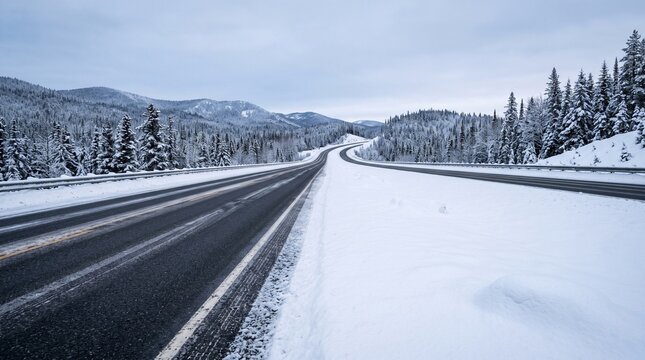 Winter road cleared after fresh snowfall in mountainous forest