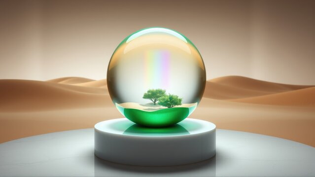 Glass sphere contains miniature landscape. Trees, grass, rainbow visible inside. Base supports orb, desert backdrop present.