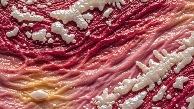 Close-up of raw beef with white fat deposits and varying red and pink flesh tones for culinary backgrounds