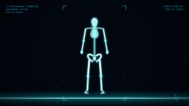 Futuristic medical scanner displaying full body Xray skeleton