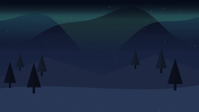 Minimalist digital animation of snowy night landscape with pine trees and northern lights aurora borealis in the sky