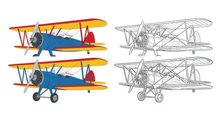 Biplane illustrations showcase colored and monochrome versions of vintage aircraft © Jenia