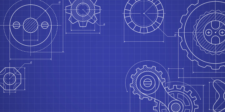 Industrial blueprint background with mechanical gears and cogwheels. Engineering design with white grid texture and technical drawings. Mechanic parts of car engine or watch. Vector steampunk pattern.