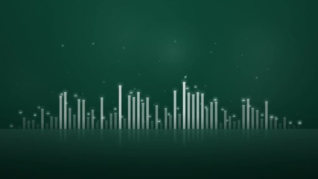 Green abstract equalizer background with glowing bars and particles