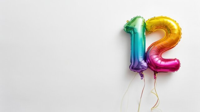 Foil number twelve balloons floating against white wall