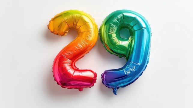 Number 29 multicolor balloons floating against white background
