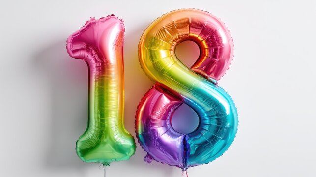 Rainbow number eighteen balloons hanging against white background