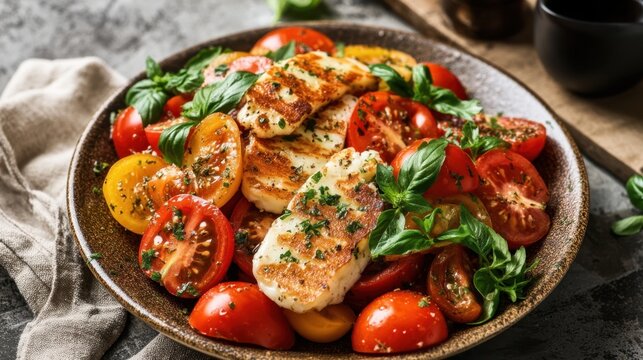 Grilled chicken medallions with tomatoes and basil on plate